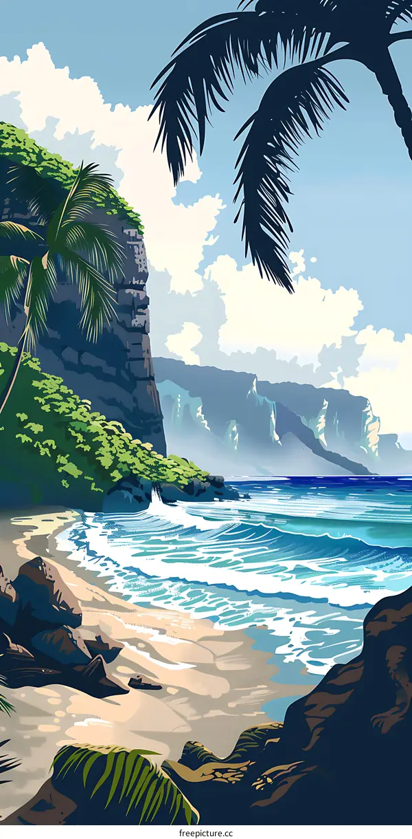 Tropical Beach Coastline Landscape Illustration