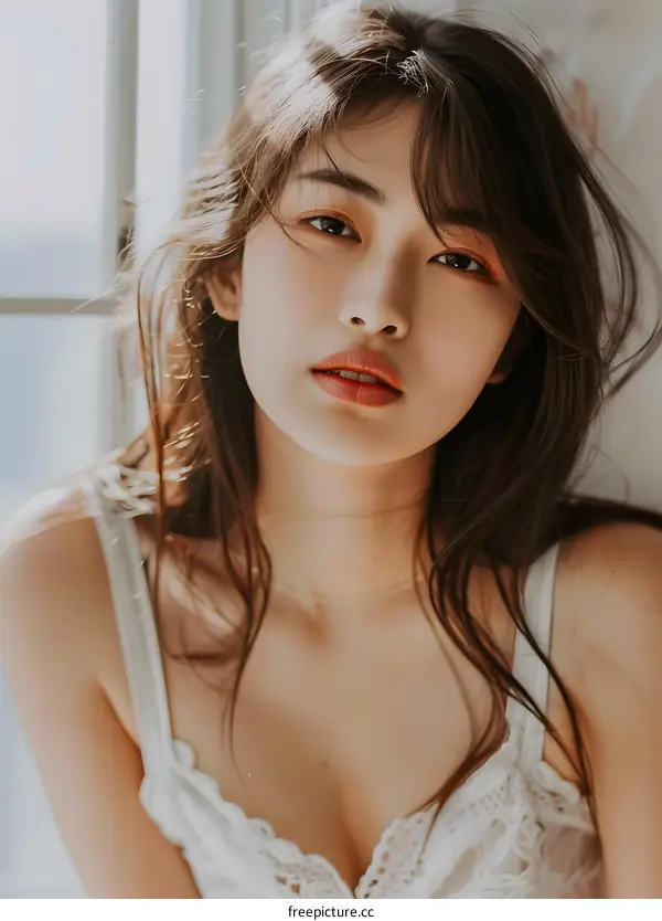 Beautiful Asian Woman with Long Hair Looking at the Camera