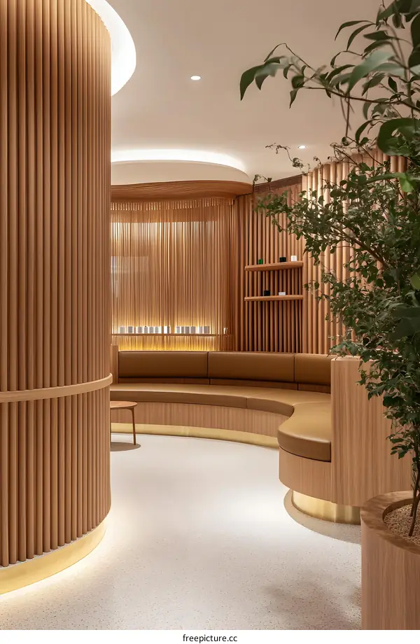 Modern Minimalist Interior Design With Wooden Walls And A Curved Bench