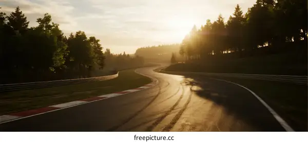 Sunset over a winding race track surrounded by lush green trees