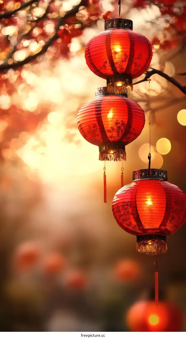 Red Chinese Lanterns Hanging in a Tree