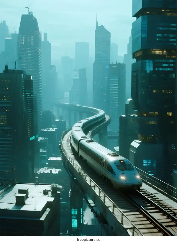 High-Speed Train Traveling Over Modern Urban Cityscape
