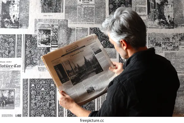 A Man Reading a Newspaper on a Vintage Newspaper Background
