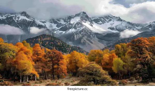 Autumn Mountains with Snowcapped Peaks
