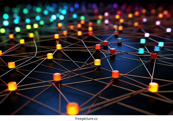 3D illustration of a network of glowing nodes and connections representing a decentralized network