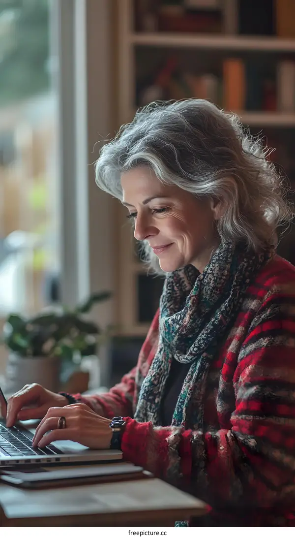 Smiling Woman Using Laptop While Sitting At Desk