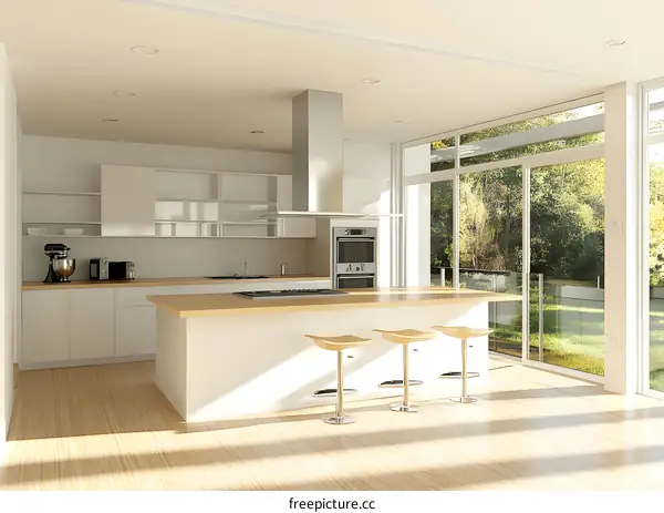 Modern Kitchen Interior Design with Kitchen Island and Sliding Glass Doors