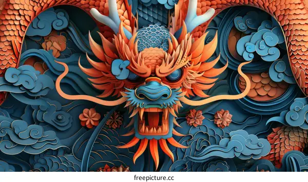 Majestic Blue and Orange Dragon with Auspicious Clouds and Flowers
