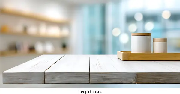 Empty White Wooden Tabletop with Blurry Background