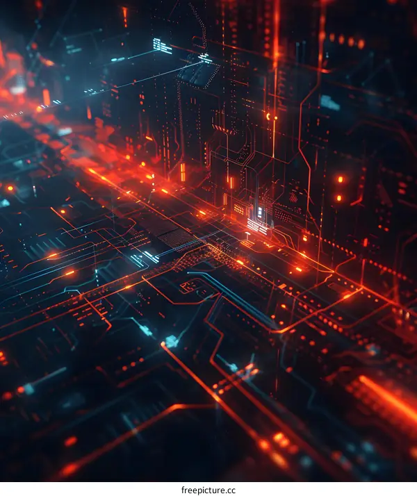 Abstract Circuit Board with Orange and Blue Lights