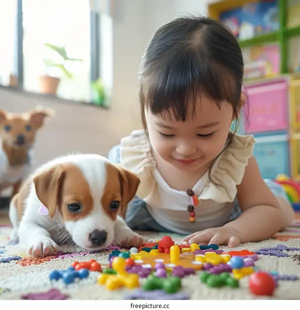 Asian toddler girl playing with a puppy