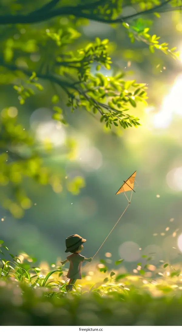 Little Boy Flying a Kite in a Field