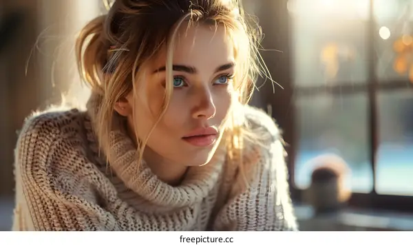 portrait of a beautiful blonde woman in a white sweater