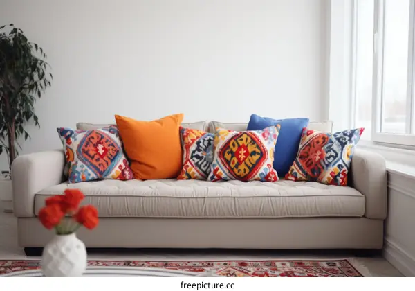 A living room with a sofa, rug, plant, and vase of flowers
