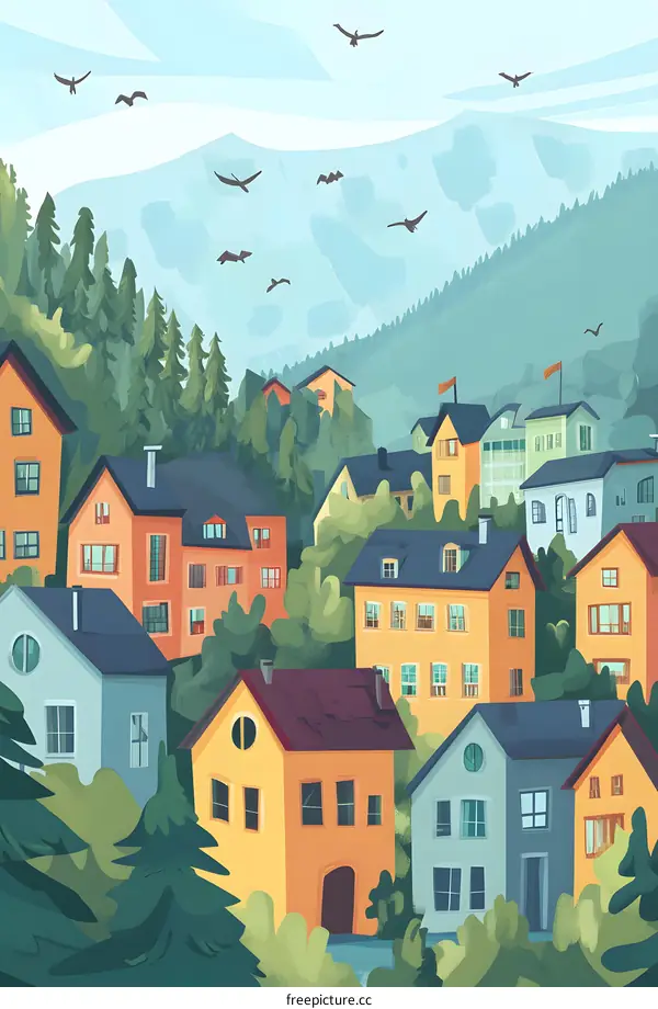 Colorful Village Illustration with Mountain Background