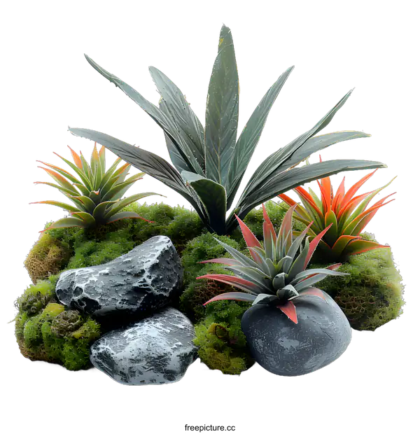 [Transparent Background PNG]Green Plants and Stones on White Background