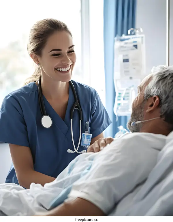 Smiling Nurse Talking to Patient in Hospital Bed