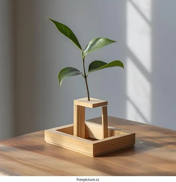 Minimalist Wooden Plant Stand with Green Leaves