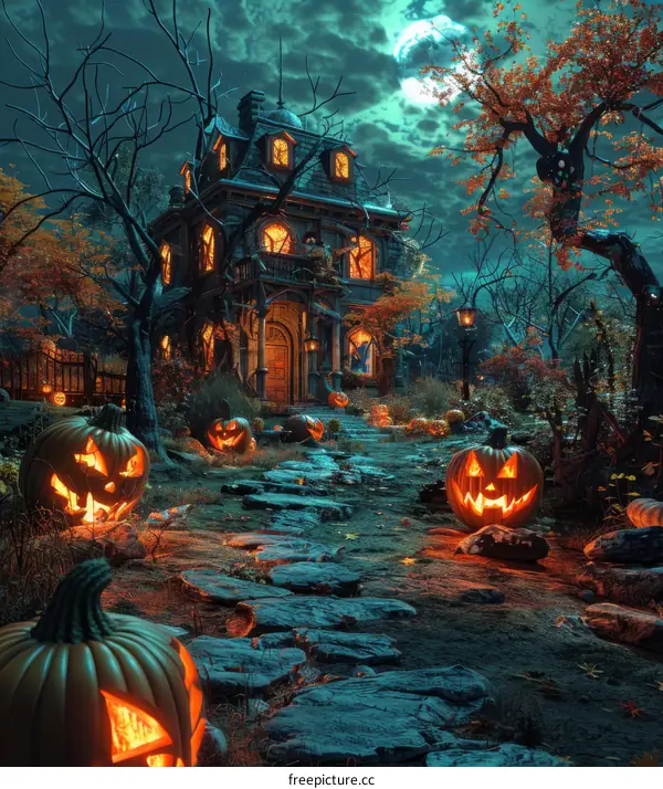 Mystical Halloween Pumpkin House in the Forest at Night