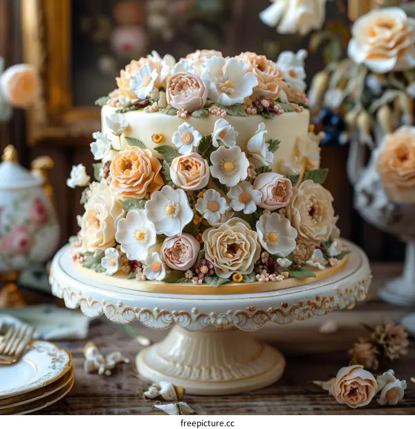 A cake decorated with various kinds of flowers