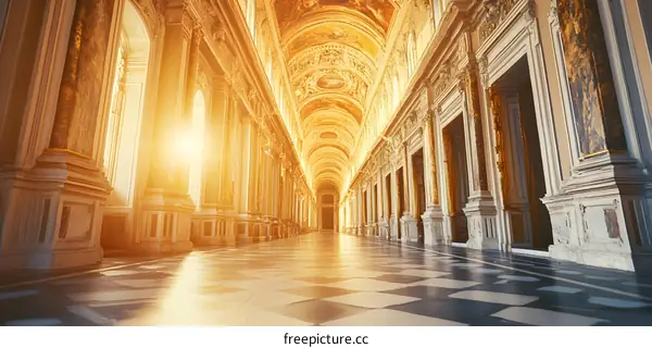 Sunlight Streaming Through Hallway In An Ancient Palace