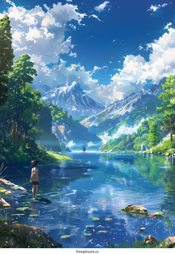Anime Illustration of a Girl Standing by a Lake with Mountains in the Background
