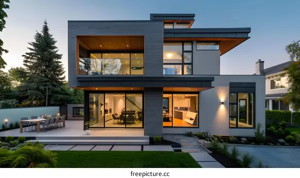 Modern Home Exterior With Backyard Patio And Landscaped Yard