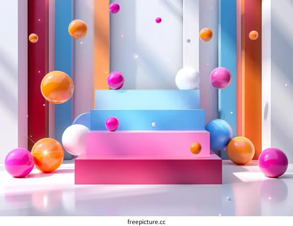 3D rendering of colorful balls floating above podiums in a geometric space