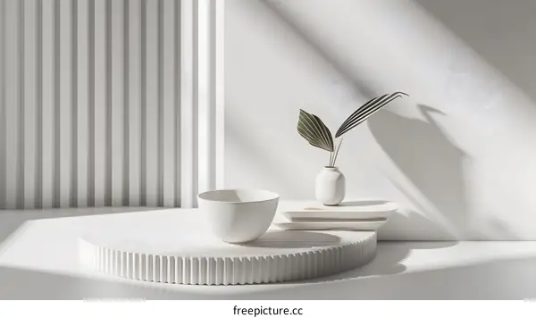 Minimalist White Platform with Green Leaves