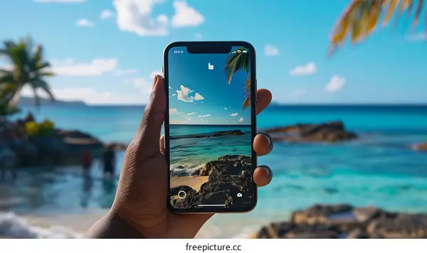 Hand Holding Phone Capturing Tropical Beach Scene