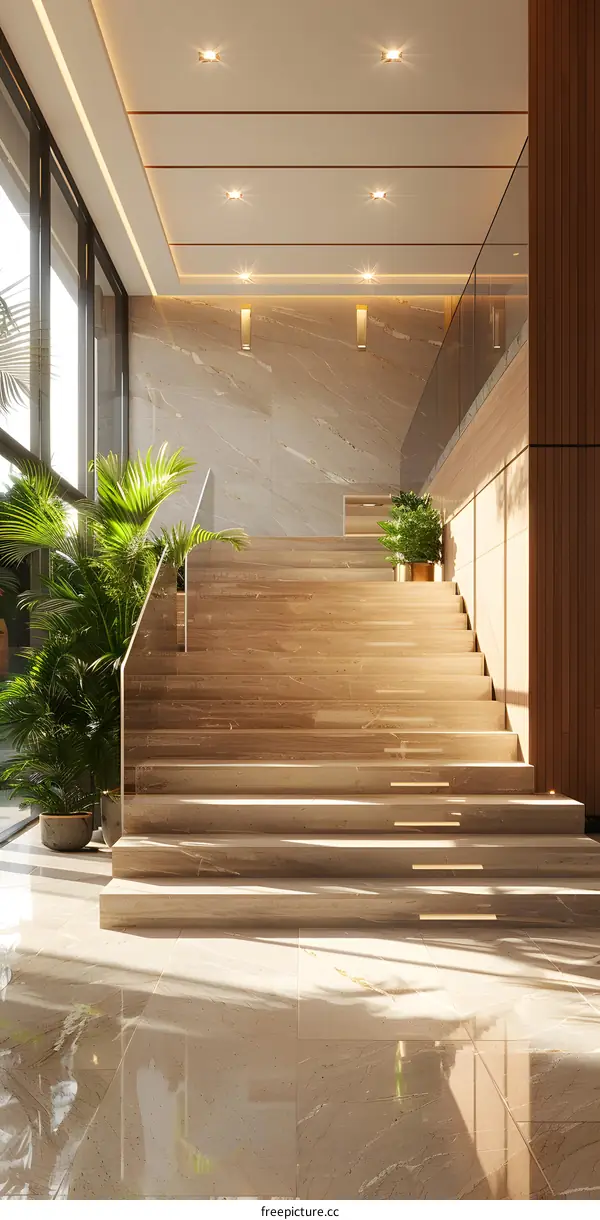 Staircase in a modern building with glass walls and green plants