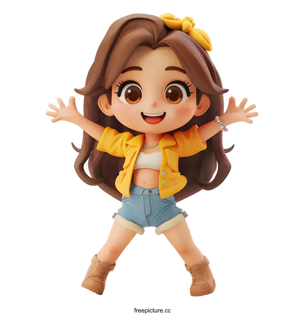 [Transparent Background PNG]Cute cartoon girl with long brown hair wearing a yellow jacket and blue jeans