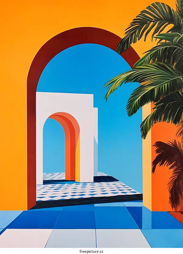 Abstract Art Minimalist Archway Illustration With Palm Tree