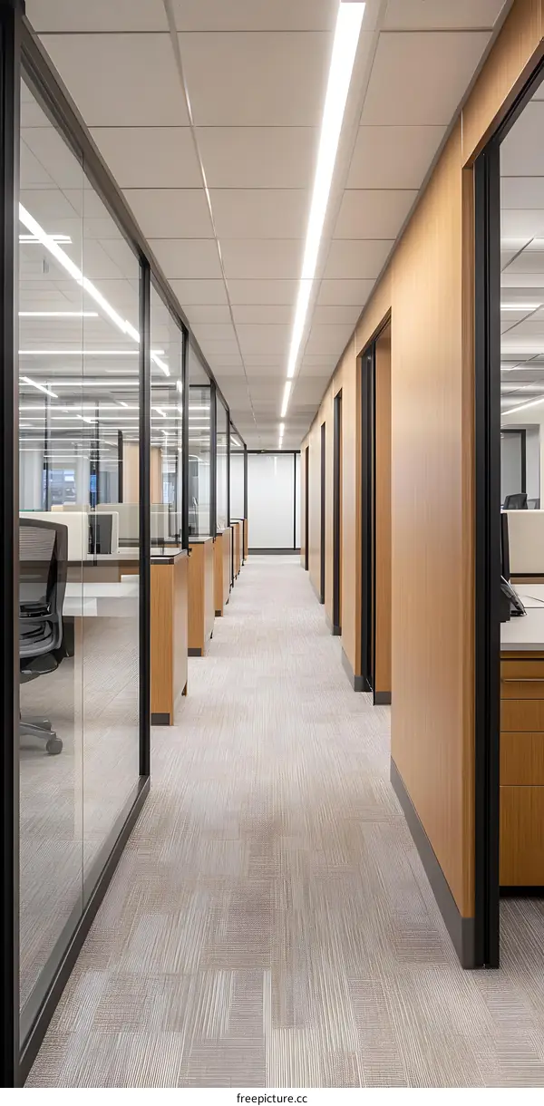Modern Office Hallway with Glass Partitions and Wood Walls