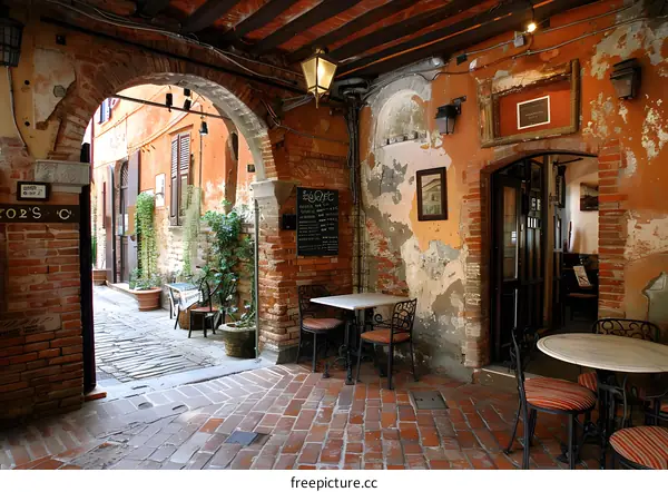 A photo of an Italian restaurant with tables and chairs outside