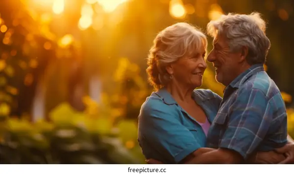Loving Elderly Couple Embracing in the Sunset