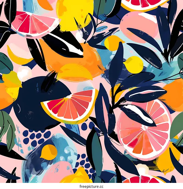 Abstract Colorful Floral Pattern With Lemons and Grapefruits