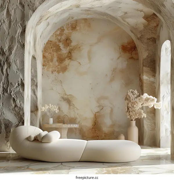 Luxury modern beige interior design of a bathroom with marble walls and a comfortable sofa