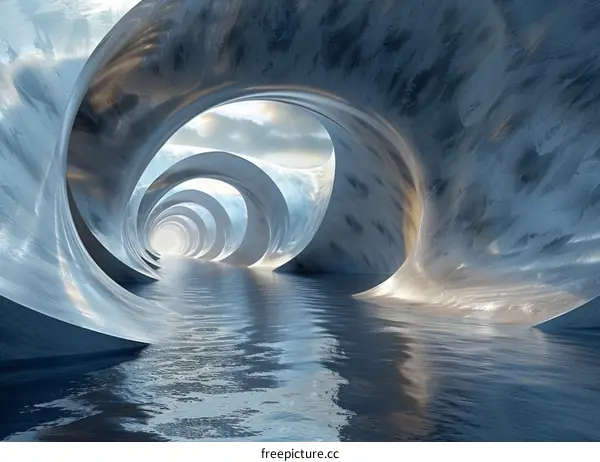 Futuristic tunnel leading to light and water