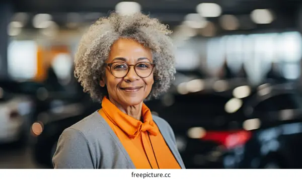 Portrait of a smiling senior woman with grey hair and glasses standing in a car dealership