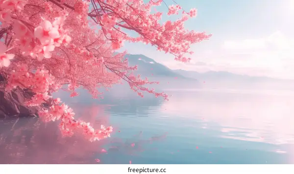 Pink cherry blossom tree over calm lake with snow capped mountains in the distance