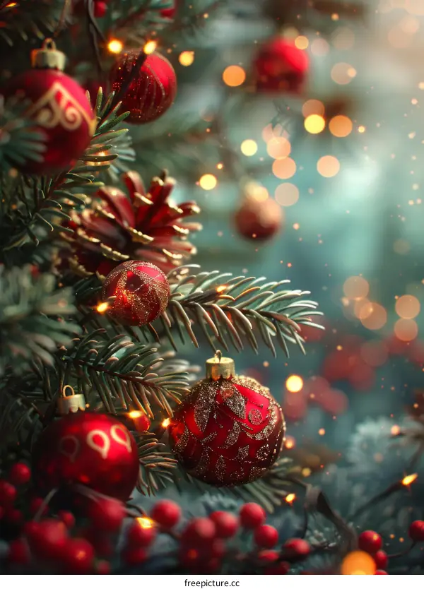 Festive Christmas Tree Adorned with Red and Gold Ornaments