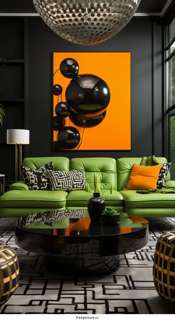 Black and green living room with orange painting