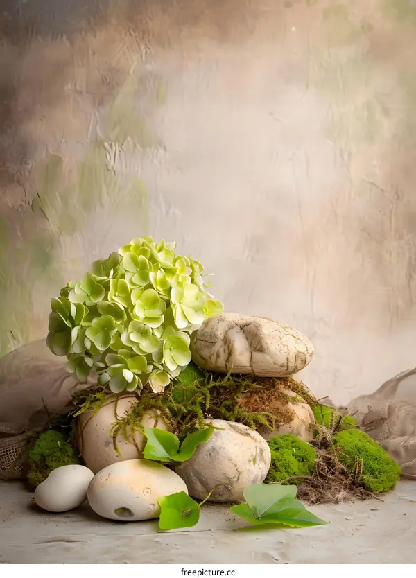 Green Hydrangea Flower with Mossy Rocks on Wooden Background