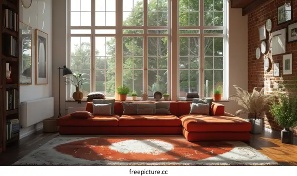 Modern Living Room with Large Windows, Brick Wall and Orange Sofa