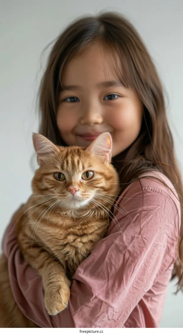 Asian girl hugging an orange cat