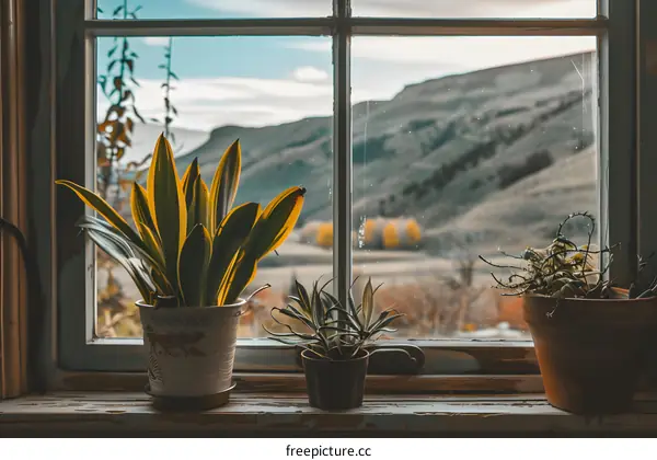 Window View of a Mountain Landscape with Plants