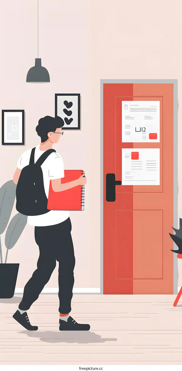 Young Man Leaving the Room with Books and Backpack