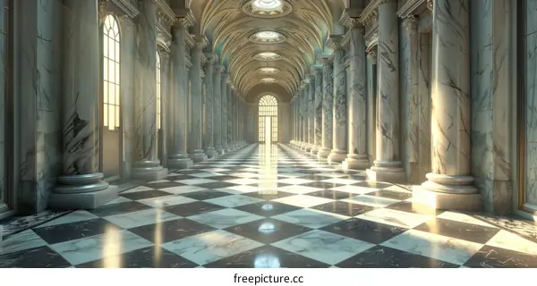 Ornate Marble Hallway with Checkered Tile Flooring