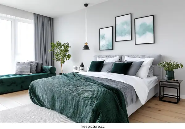 Modern Bedroom with Emerald Green Accents
